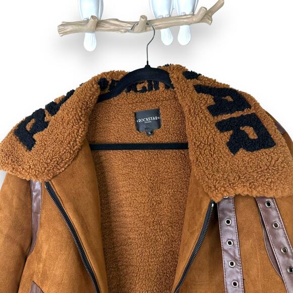 Rockstar Original Brown Suede Sherpa Lined Moto Heavy Zip Front Coat Size XL - Picture 2 of 8